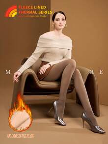 MOIRÉALLURE 1 Pair Sheer Fleece Lined Tights, Suitable For Daily Wear - Brown - View 8