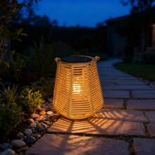Solar Powered Plastic Woven Rattan Hanging Light, Garden Pendant Light, Outdoor Garden Vintage Decorative Light, Camping Atmosphere Light, Gazebo Spotlight - Horizontal Rattan Woven Lantern - View 7