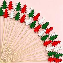 10/100pcs Bamboo Christmas Tree Fruit Picks, 3 Colors, Suitable For Appetizers, Fruit Skewers, Pumpkin, Acorn; Multi-Functional Picks, Perfect For Halloween, Christmas, Valentine's Day And Various Party Events - Multicolor - View 5