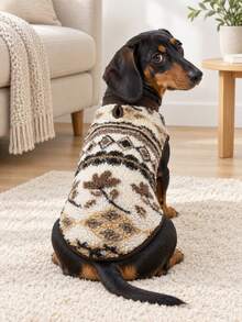 1PC Reversible Mini Dachshund Dog Coat , Fair Isle & Plaid Print Double Sided Sausage Dog Jacket, Slight Stretch Soft Warm Winter Wiener Dog Clothes For Mini And Standard Dackel Teckel Dogs - Brown - View 3