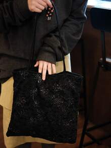 Korean Style Shiny Black Lace Niche Design INS Style Large Capacity Tote Bag For Commuting, Outing, Daily Shopping, Shoulder Slouchy Handbag - Black - View 6