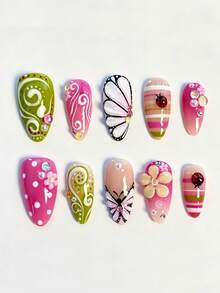 10pcs Autumn/Winter 3D Butterfly & Ladybug Press-On Nails – Vintage Pink-Green Gradient With Polka Dots & Stripes; Medium Almond Shape; Suitable For Music Festivals, Vacations, And Parties. - Multicolor - View 2