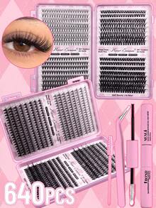 640pcs DCurl Natural Eyelash Clusters, 10D-100D Mixed Density, Large Capacity Cartoon Style And Classic Eyelashes, Long-Lasting And Suitable For Beginners, Complete Set With Glue, Tweezers And Brush, Suitable For Daily Makeup, Party, Wedding, Christmas And Music Festival - Pink - View 4