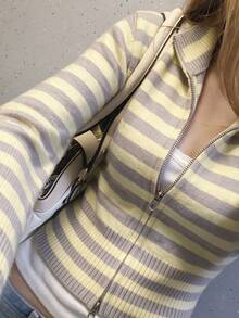 Fall/Winter Yellow Striped Turtleneck Cardigan, Casual Blouse, Slim Fit Sweater Top - Light Yellow - View 2