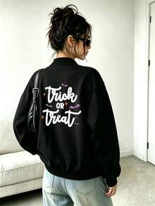 Personalized Custom Women's Stand Collar Zip-Up Jacket Sweatshirt - Front & Back Pattern Custom LOGO/Image, Christmas Pattern, Halloween, Pumpkin Pattern, Thanksgiving, Turkey Pattern, School Uniform, Advertising Printing, Custom Friends/Family/Couples/Pets, Personalized Photo/Birthday/Anniversary/Valentine's Day Photo Customization - Black - View 4