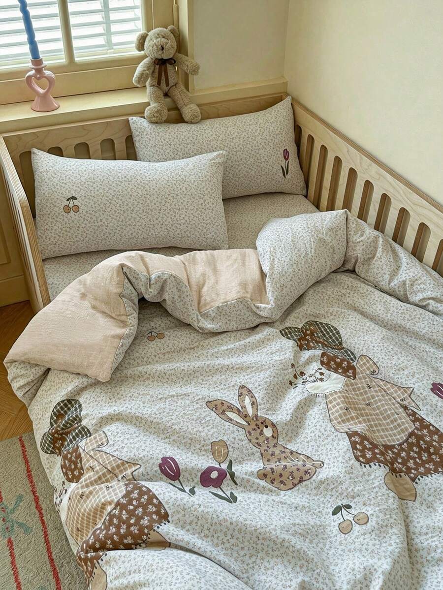 2/3pcs Cartoon Rabbit Girl Print Children Bedding Set, Cute Fresh Ditsy Floral Linen-Like Polyester Duvet Cover & Pillowcase Set, Suitable For All Seasons, Soft & Breathable, Machine Washable, Girls Bedroom Decor, Children Gift (1 Duvet Cover + 1/2 Pillowcase, No Filler)