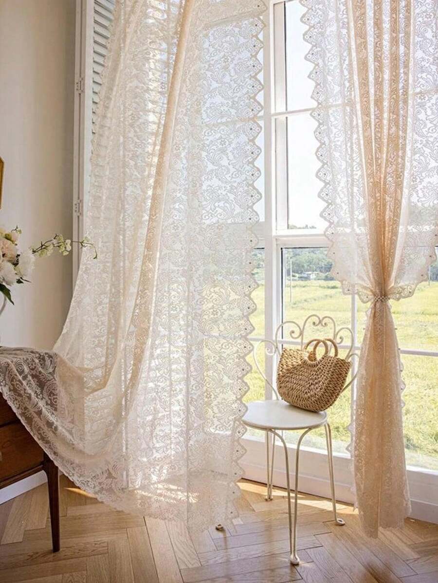 1pc French Retro Lace Pearl Curtain, Romantic Ruffled Sheer Curtain For Bedroom, Living Room, Balcony, Lightweight Luxury - Beige - View 1