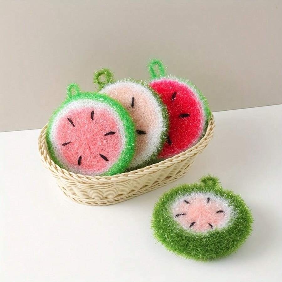 4pcs Watermelon Pattern Dish Brushes & Dish Cloths, Thick Round Dish Scrubbers - Random Color - Multiple Styles - View 1