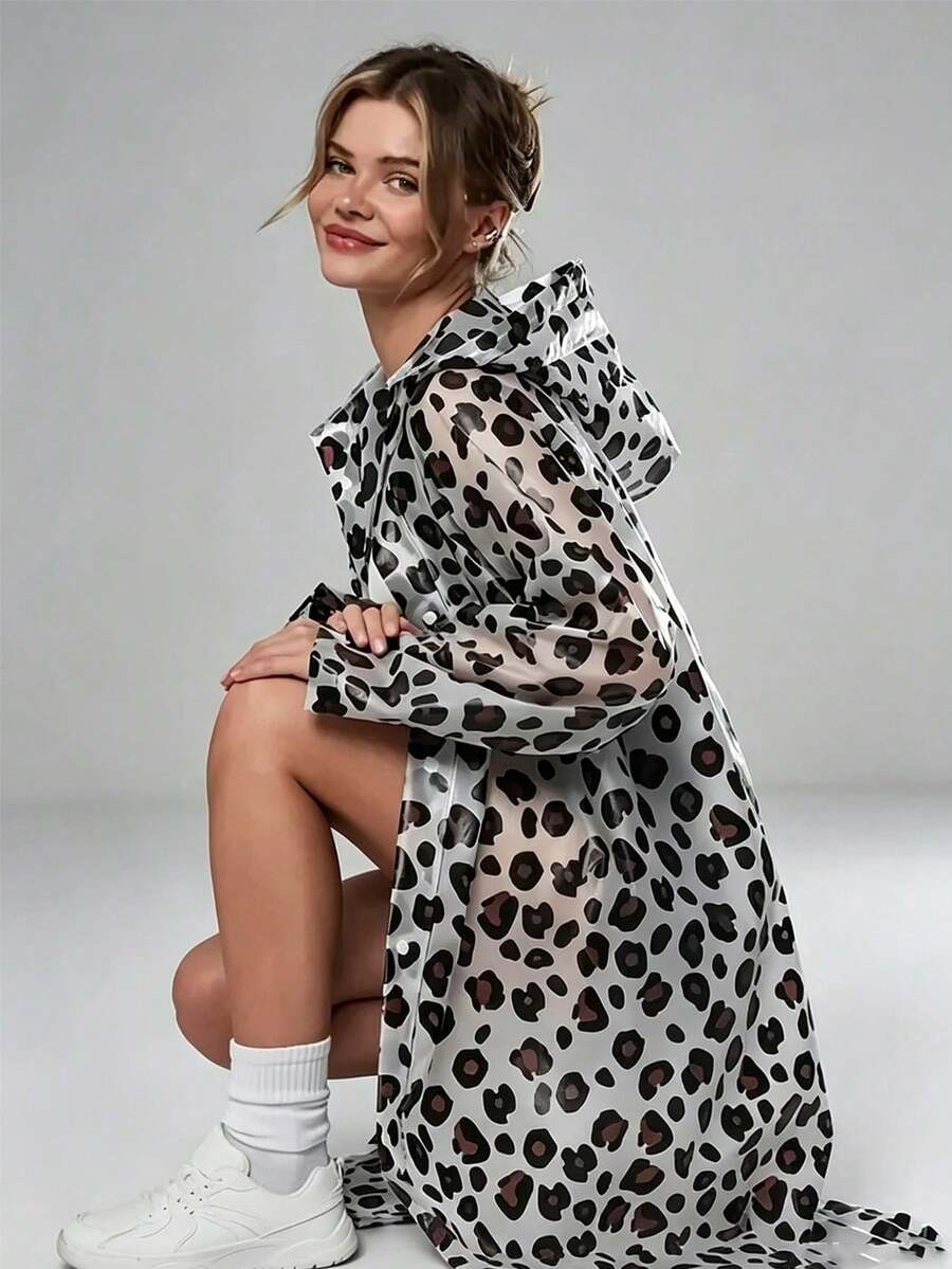 Leopard Print Transparent Hooded Raincoat, Long Length Design Covers Full Body, Effectively Resists Heavy Rain. Leopard Print Design Breaks Traditional Raincoat Dullness, Combines Practicality And Fashion. Built-In Hood Design, Comprehensive Protection, Semi-Transparent Material Lightweight And Not Heavy. Excellent Waterproof Performance Of Fabric, Suitable For Daily Commute, Outdoor Walks, Short Trips - Multi-color - View 1