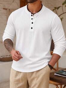 Men's Plus Size Top, Knit Ribbed Solid Color Casual Plus Size T-Shirt, Solid Color Versatile Plus Size Men's Clothing - White - View 4