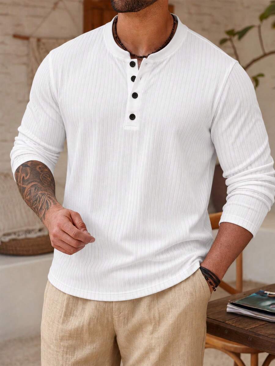 Men's Plus Size Top, Knit Ribbed Solid Color Casual Plus Size T-Shirt, Solid Color Versatile Plus Size Men's Clothing - White - View 1