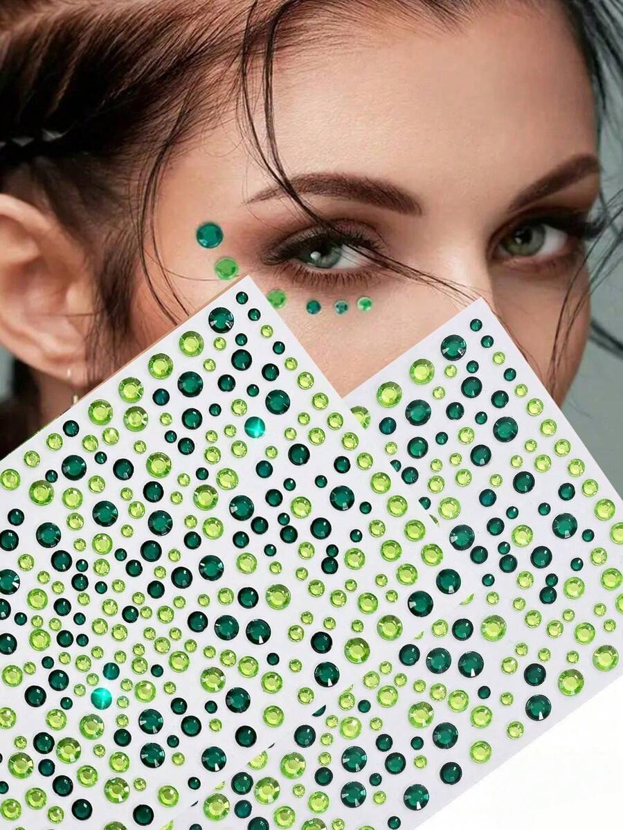 3pcs/2pcs/1pc Green Self-Adhesive Rhinestones, Multiple Sizes Available, Green And Dark Green Rhinestone Stickers, Suitable For Face, Eyes, Nails, Body And Crafts - Multicolor - View 1