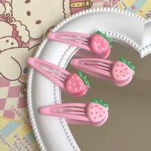 4pcs/2pcs/1pc Strawberry Fruit Bangs Hair Clips Set - Pink - View 1