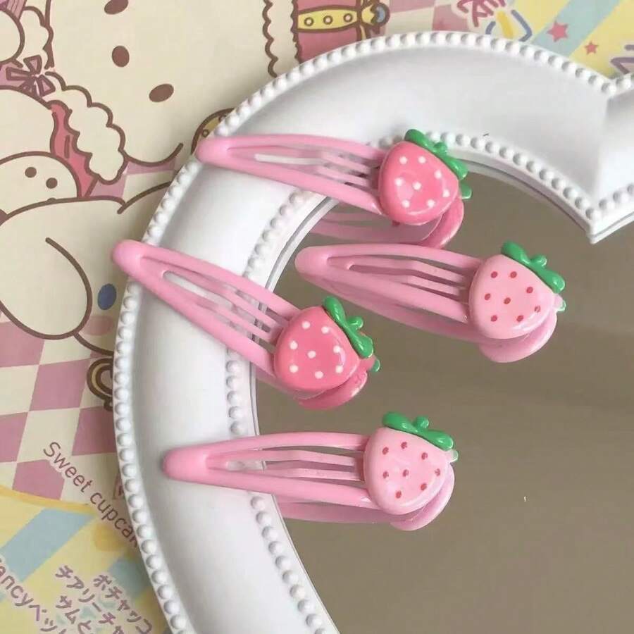 4pcs/2pcs/1pc Strawberry Fruit Bangs Hair Clips Set - Pink - View 1