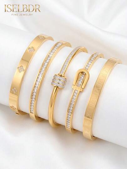 5pcs Luxury 18K Gold Plated Zirconia Stackable Bracelet Set, Waterproof And Anti-Oxidation, With Roman Numeral And Lock Pendant, Geometric Hollow Design, Suitable For Women And Girls Daily Wear, Party And Banquet