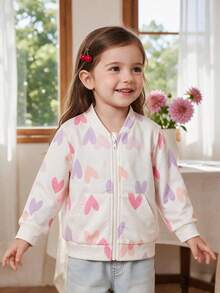 Young Girls Casual Sweet Versatile Cute Heart Print Stand Collar Long Sleeve Diagonal Pocket Zipper Jacket Top Autumn/Winter - Pink - View 1