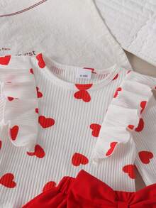 2pcs Baby Girl Cute Ruffle Hem Heart Print Ribbed Long Sleeve Top & Skirt Set, Thin Spring/Autumn Holiday - Red and White - View 4