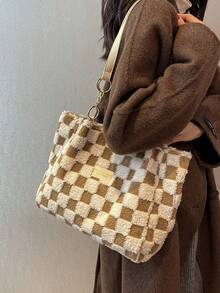 新款秋冬棋盤格毛絨女款托特包，時尚百搭大容量單肩包/通勤包 - 棕色 - 查看 5
