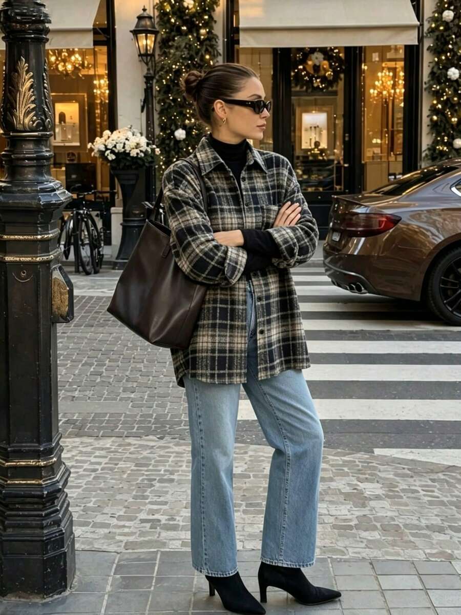 女款刷毛格紋前開鈕扣口袋休閒襯衫 - 黑色 - 查看 1