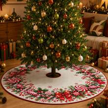 1pc Candy Cane Wreath Pattern Christmas Tree Skirt, Elegant Color Holiday Decoration, 5 Sizes, Unisex Holiday Gift, Suitable For Home And Party Christmas Decor - Candy Cane Wreath - View 4