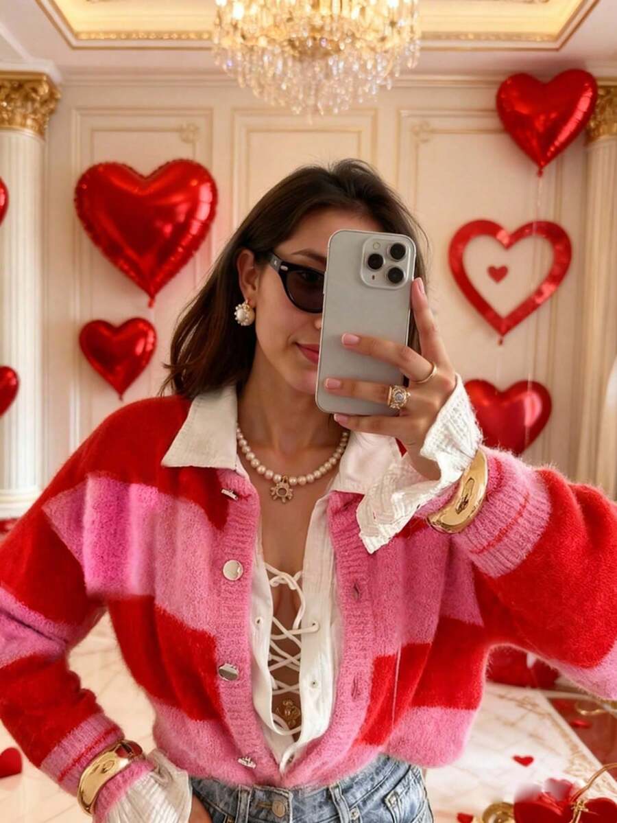 SEREN Women's Fashion Colorblock Striped Knit Cardigan, Y2K Top, Sweet Versatile Sweater Jacket, Suitable For Daily Wear - Multicolor - View 1