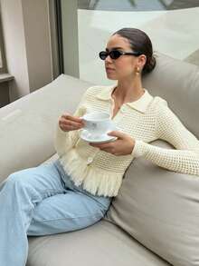 FOR BEAUTY Romantic Knitted Cardigan, Women's New Long Sleeve Sweater Jacket, Spring/Summer Hollow Out Knitted Tassel Cardigan, Spring Outerwear - Apricot - View 4
