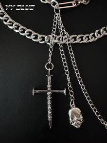 1pc Fashion Gothic Men's Pants Chain, Metal Chain With Skull And Cross Pendant, Clothing Accessory, Waist Chain Pants Chain Suitable For Men And Women, Halloween Jewelry - Multicolor - View 3