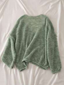 Plus Size Women 2026 Must Have Fall V Neck Cropped Knit Sweater,Long Sleeves,Fashion Chic Daily Going Out Loose - Gray Green - View 2