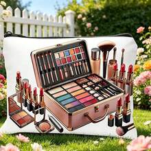 A Standalone Makeup Bag With Flat 2D Design, White Base And Exquisite Pattern Including Images Of Makeup Brushes, Lipstick And Eyeshadow Palette. Equipped With Zipper Closure, Ideal For Travel Cosmetic Storage, Excellent - Multicolor - View 1