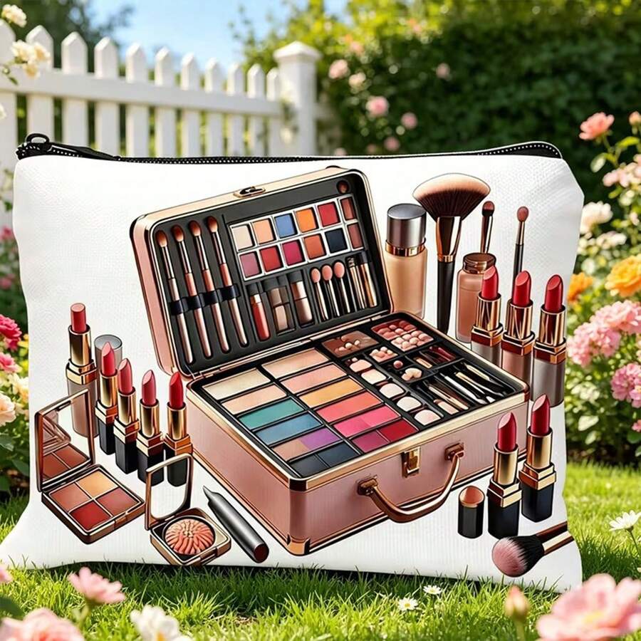 A Standalone Makeup Bag With Flat 2D Design, White Base And Exquisite Pattern Including Images Of Makeup Brushes, Lipstick And Eyeshadow Palette. Equipped With Zipper Closure, Ideal For Travel Cosmetic Storage, Excellent - Multicolor - View 1