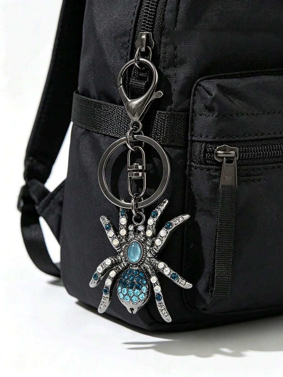 1pc Vintage Rhinestone Spider Keychain, Gothic Style Halloween Blue Cat Eye Pendant, Gunmetal Lobster Clasp Key Ring, Car Bag Charm, Halloween Gift - Multicolor - View 1
