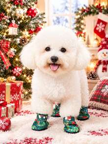 1 Set 4pcs Christmas Style Pet Shoes, Green Christmas Fruit Print Fleece Lining Warm Boots, Adjustable Hook & Loop Non-Slip Christmas Shoes, Suitable For Small Dogs And Cats - Green - View 8