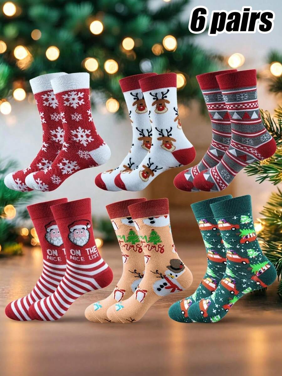 6 Pasang Kaos Kaki Pria Bertema Natal, Dicetak dengan Motif Santa Claus, Rusa Kutub, dan Kepingan Salju, Kaos Kaki Liburan yang Nyaman dan Hangat - MultiWarna - View 1