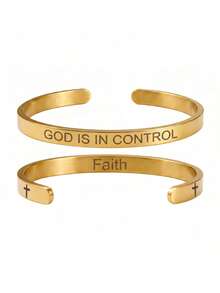 1pc Personalized Versatile Unisex Laser Engraved "GOD IS IN CONTROL" Stainless Steel Open Adjustable Faith Bracelet For Men And Women - Gold - View 6