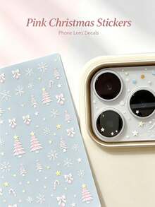 1pc Soft Pink Atmosphere Christmas Series Sticker, Light Pink Christmas Tree, Bow, Snowflake, Star Holiday Design, Adhesive Backing, Comes With Tweezers, Suitable For Phone, Earphone, Water Cup, Tablet Case Decoration - Sweet Christmas Style - View 5