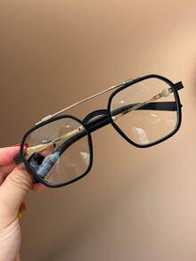 1 Pair Men's Double-Beam Black & Gold Plain Lens Glasses, Vintage Carved Metal Frame, Street Style Decorative Eyewear, Suitable For Daily Wear All Seasons - Clear - View 2