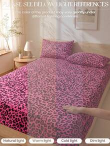 1pc Magenta Leopard Print Cherry Bow Pattern Fitted Sheet, Branch Pattern Mattress Protector, Fitted Sheet, Soft & Breathable, --Twin, Full, Queen, King Size, Deep Pocket Design Up To 11.8 Inches, Machine Washable. Back To School Dorm Essential - Hot Pink - View 4