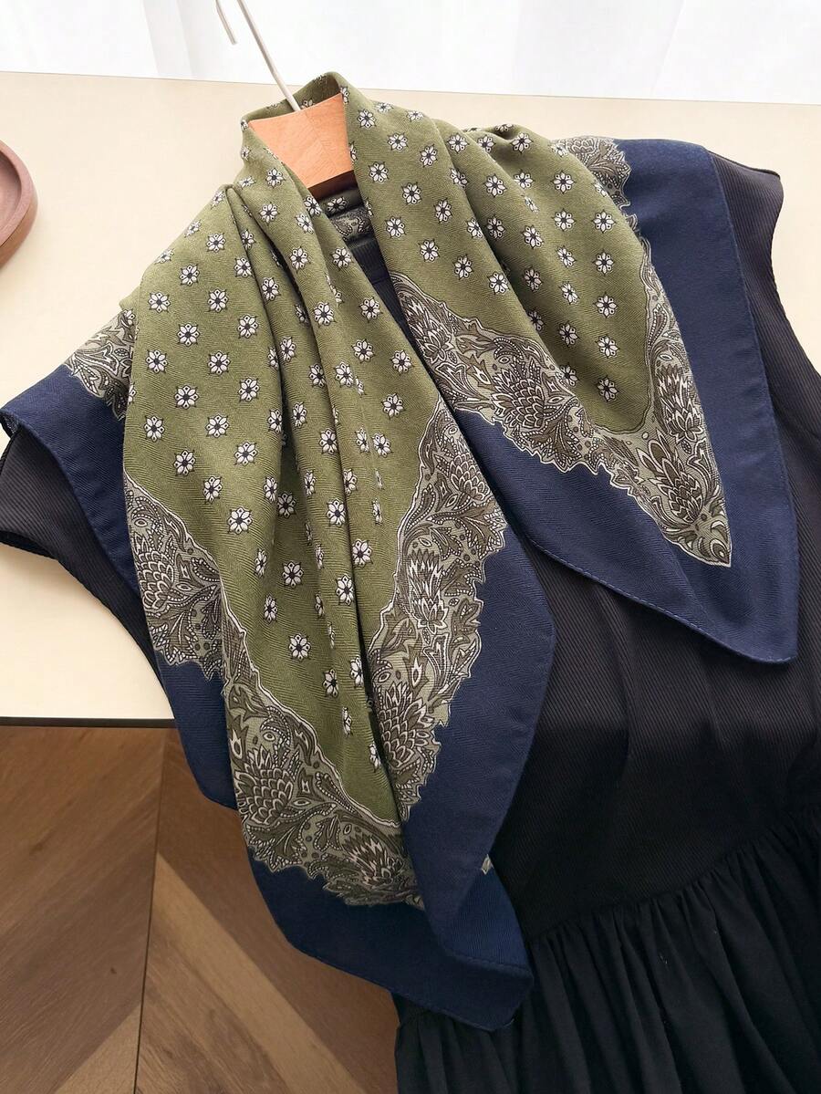 1pc Luxury Brand Diamond & Herringbone Print Tie Scarf, Linen Faux Velvet Material, Beach Shawl Headscarf, Travel Accessory - Army Green - View 1