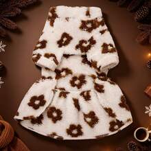 1pc Pet Dog Dress, Sweet Floral Print Pattern, Exquisite Bowknot At Waist, Plush Thickened Pet Dress, Suitable For Small/Medium Dogs And Cats In Autumn/Winter, Daily Wear Christmas Gift - Coffee Brown - View 9