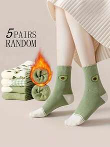 5 Pairs Random Women's Winter Socks, Fresh Green Avocado Design, Fleece‑Lined Thick Thermal Mid‑Calf Terry Socks, Home Sleep Socks For Cold Weather - Multicolor - View 9