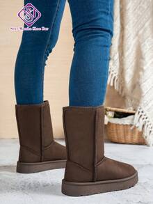 Women's Plus Size Snow Boots, Autumn/Winter New Solid Color Round Toe Thick Sole Warm Lining Slip-On Flat Mid-Calf Boots - Brown - View 3