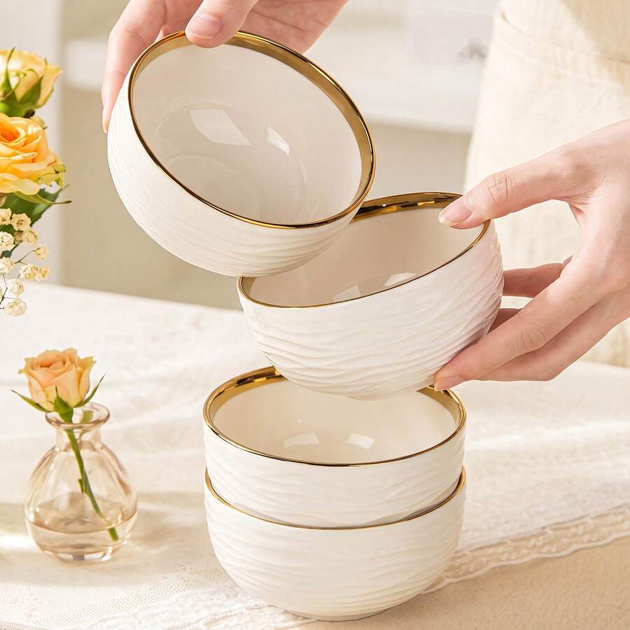 YOLIFE 2/3/4/5/6pcs 4.5in Ceramic Bowl Set, Elegant Luxury Gold Rim Design, Kitchen Accessories, Pasta Bowl, Rice Bowl, Breakfast Bowl, Suitable For Serving Hot Noodles, Rice, Great For Home, Restaurant, Party Use, Ideal Mother's Day Gift - Multicolor - View 1