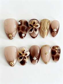 10PCS Short Almond Press On Nails, Leopard Print French-Style Fake Nails, 3D Gold Floral Pearl Rhinestone Design, Luxury Vintage Brown Nude Nail Tips Set With Jelly Adhesive Tabs & Nail File, Fall Winter Daily Wear Nails For Women Party Date Wedding - Multicolor - View 1