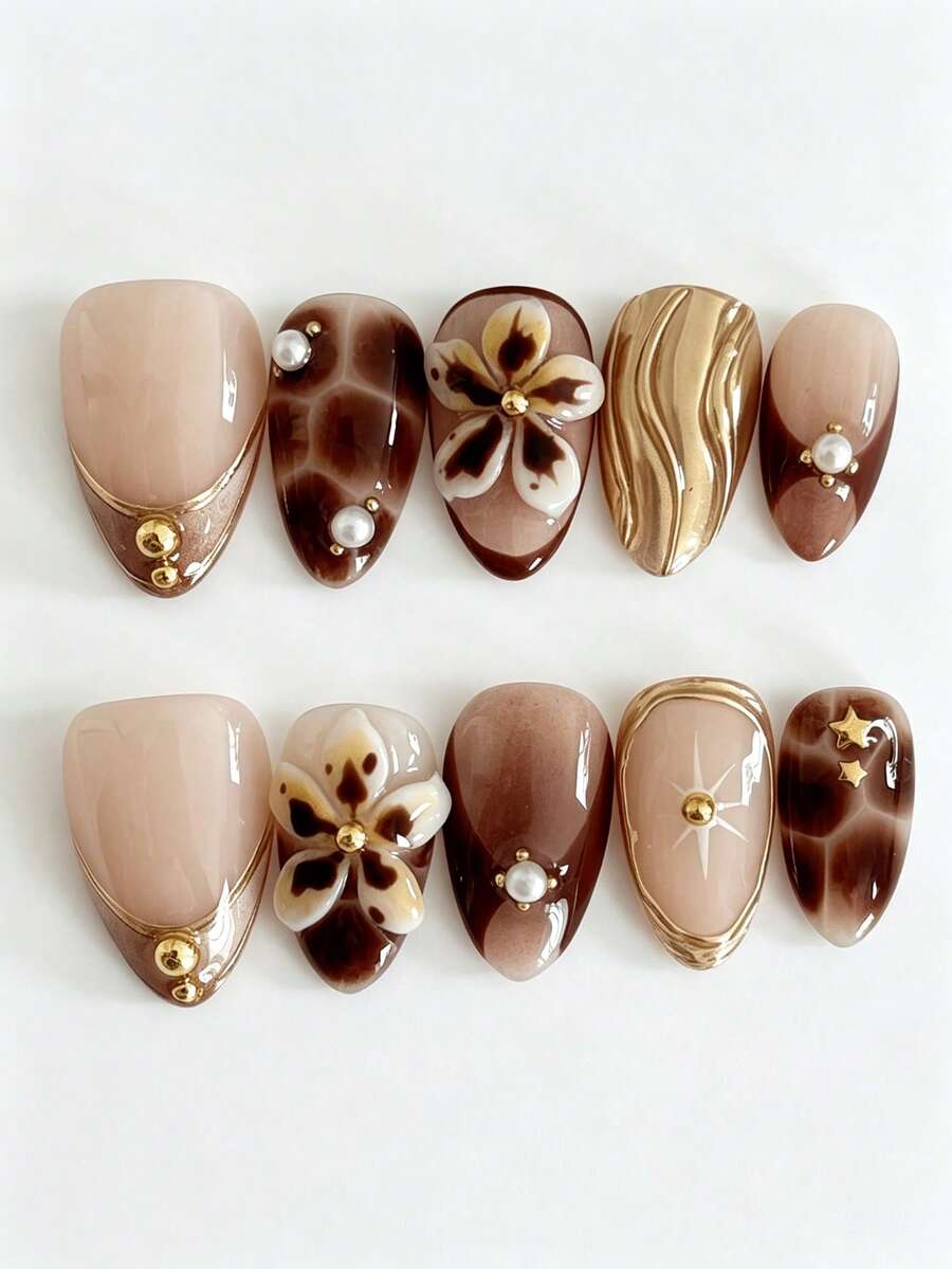 10PCS Short Almond Press On Nails, Leopard Print French-Style Fake Nails, 3D Gold Floral Pearl Rhinestone Design, Luxury Vintage Brown Nude Nail Tips Set With Jelly Adhesive Tabs & Nail File, Fall Winter Daily Wear Nails For Women Party Date Wedding - Multicolor - View 1