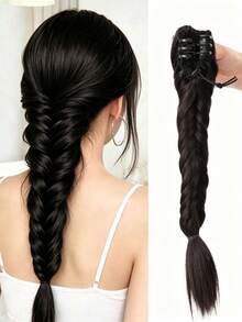 Brown-Black 16-Inch Hand-Braided Ponytail Extension, With Claw Clip, Suitable For Women - Multicolor - View 9