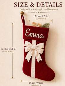 1pc Customized Name Velvet Christmas Stocking With Large Bow, Embroidered Name Christmas Hanging Stocking For Home Fireplace Decor, Family Holiday Christmas Gift - Multicolor - View 6