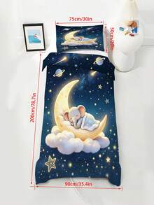 2件組幼兒星空床上用品套裝，可愛睡眠小象月亮雲朵星星行星印花被套與枕套，柔軟兒童床品套裝，無填充 - 彩色 - 查看 13