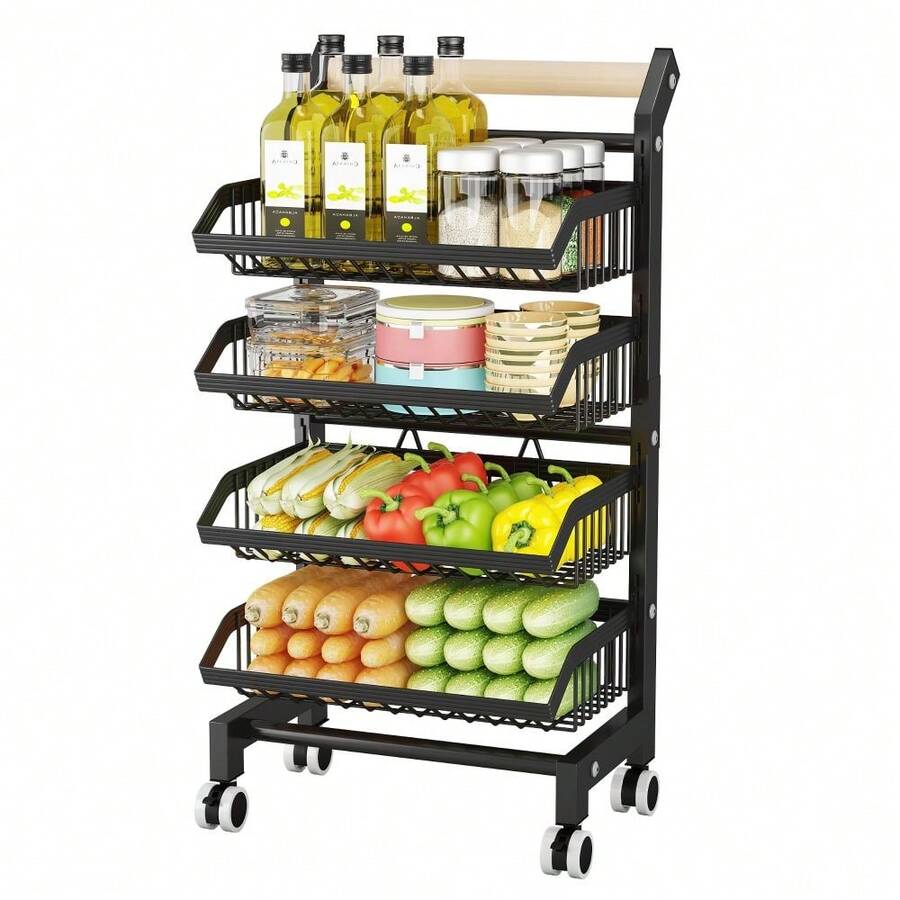 Foldable Carbon Steel 3-Tier Storage Trolley on Wheels - Wire Basket Vegetable Rack, Tiered Fruit Bowl, Kitchen Storage Cart, Slim Gap Organizer, Multi-Purpose Rolling Rack - Gris Claro - Ver 1