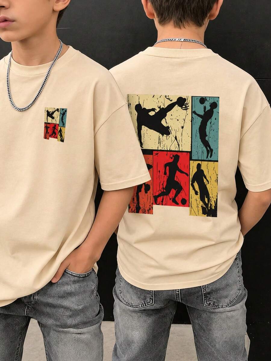 1 buah Kaos Lengan Pendek Motif Sepak Bola untuk Anak Laki-laki, Pakaian Remaja Pelajar, Hadiah Musim Panas untuk Anak-anak - Aprikot - View 1