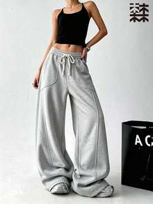 mulinsen Women's Heather Gray Curved Seam Loose Fit Sweatpants, Elastic Drawstring Waist, Casual Athletic Pants - Light Grey - View 3